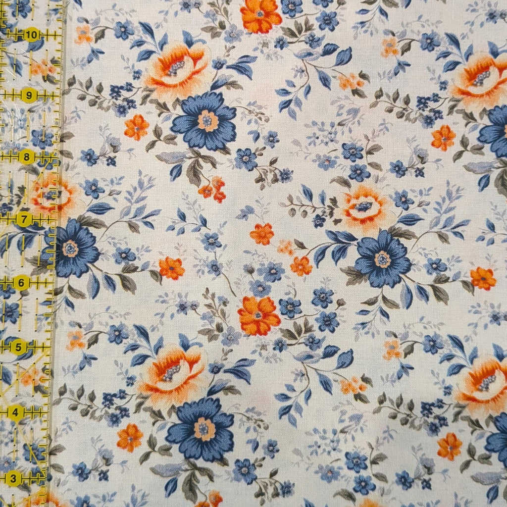 Marshall Dry Goods ~ VINTAGE FLORAL 66 ~ Orange and Blue Flowers on Cream Background ~ Sold by the 1/2 Yard