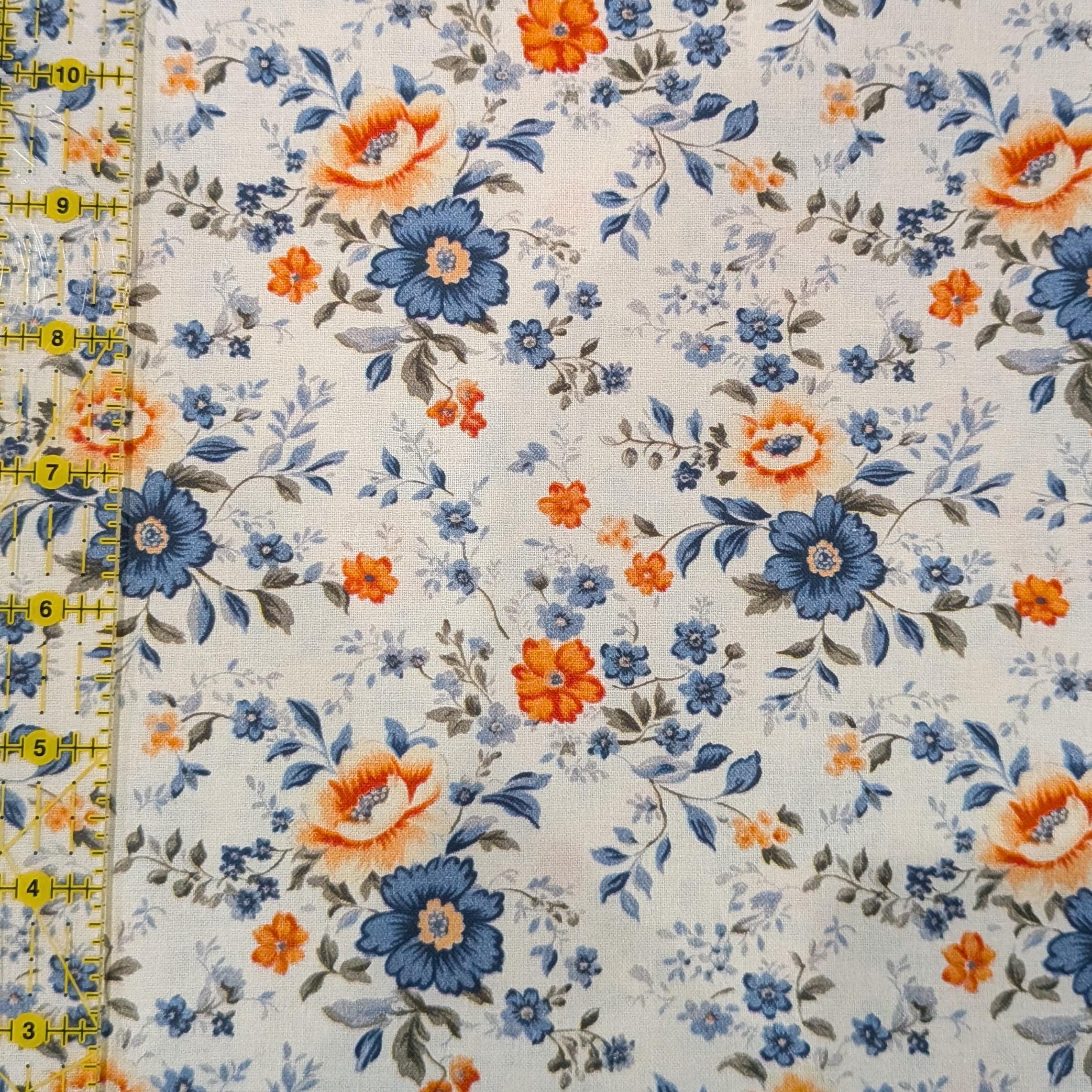 Marshall Dry Goods ~ VINTAGE FLORAL 66 ~ Orange and Blue Flowers on Cream Background ~ Sold by the 1/2 Yard