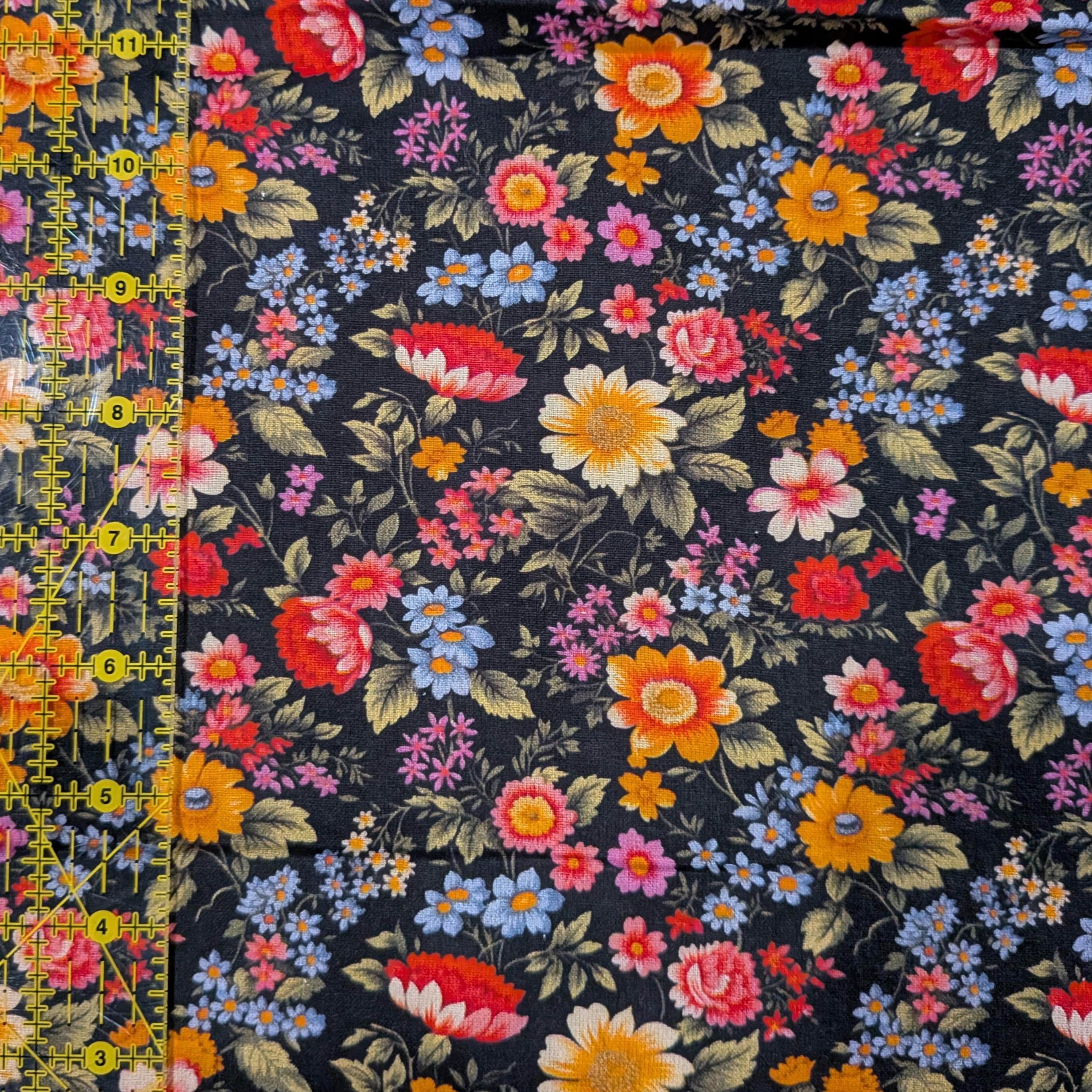 Marshall Dry Goods ~ VINTAGE FLORAL 74 ~ Multi Colored Flowers on Black Background ~ Sold by the 1/2 Yard