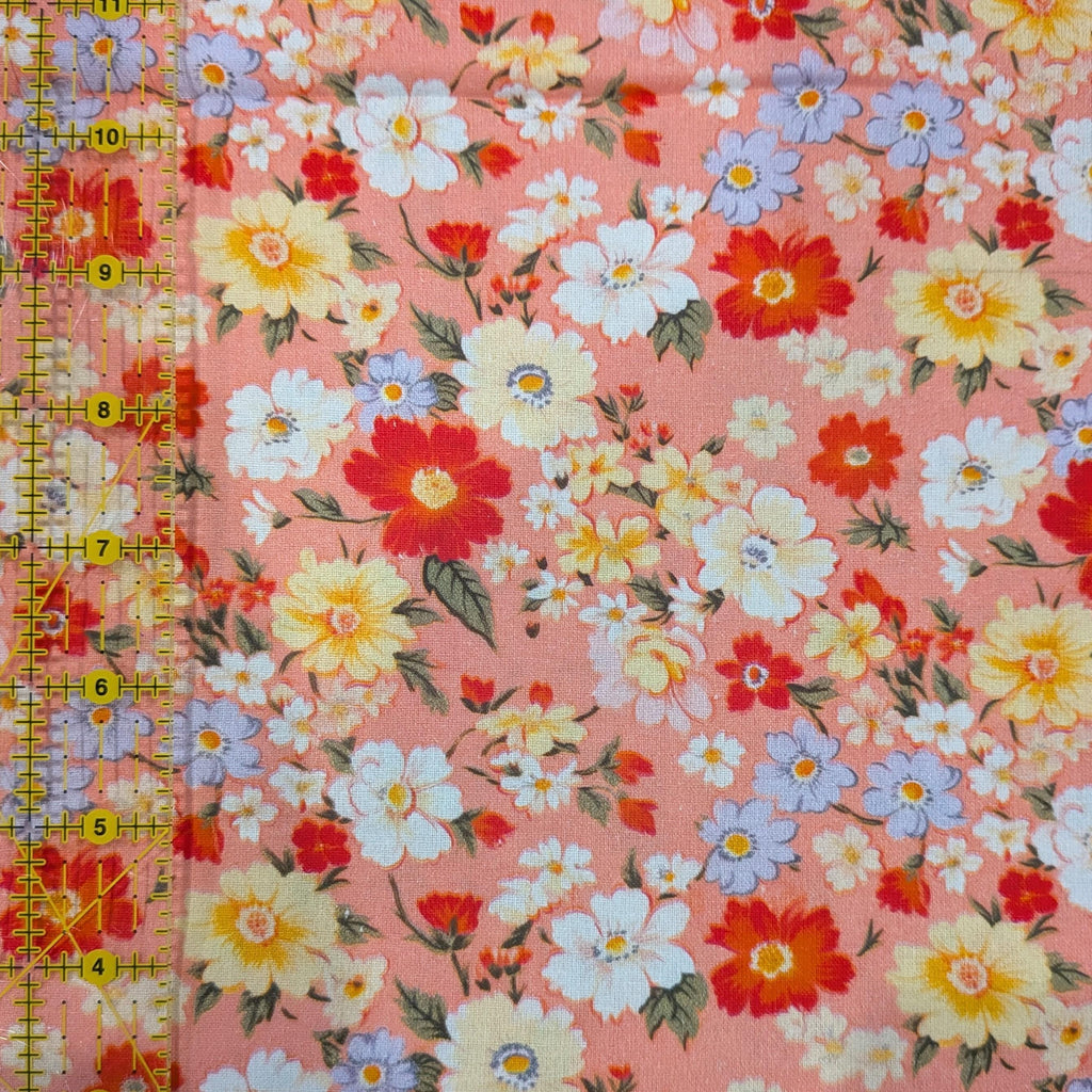 Marshall Dry Goods ~ VINTAGE FLORAL 97 ~ Reddish Orange, Blue and Yellow Flowers on Pink Background ~ Sold by the 1/2 Yard