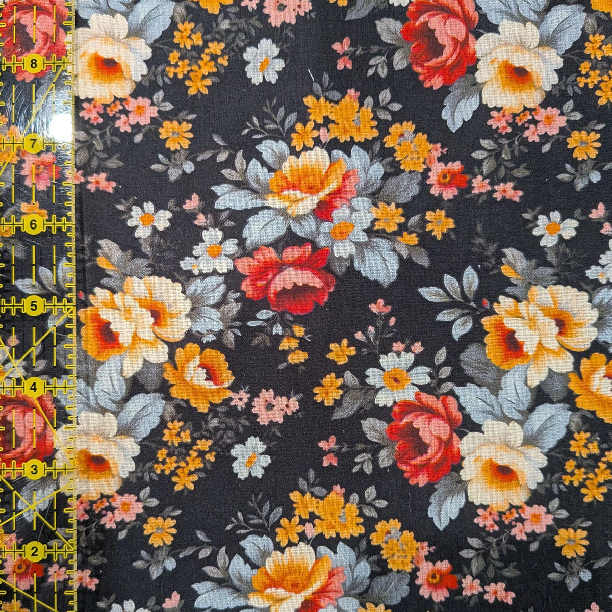 Marshall Dry Goods ~ VINTAGE FLORAL 102 ~ Orange, Red, Blue and Yellow Flowers on Black Background ~ Sold by the 1/2 Yard
