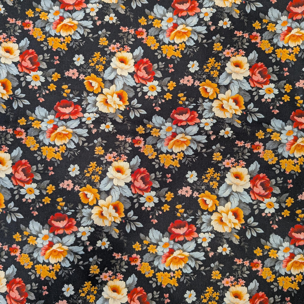 Marshall Dry Goods ~ VINTAGE FLORAL 102 ~ Orange, Red, Blue and Yellow Flowers on Black Background ~ Sold by the 1/2 Yard