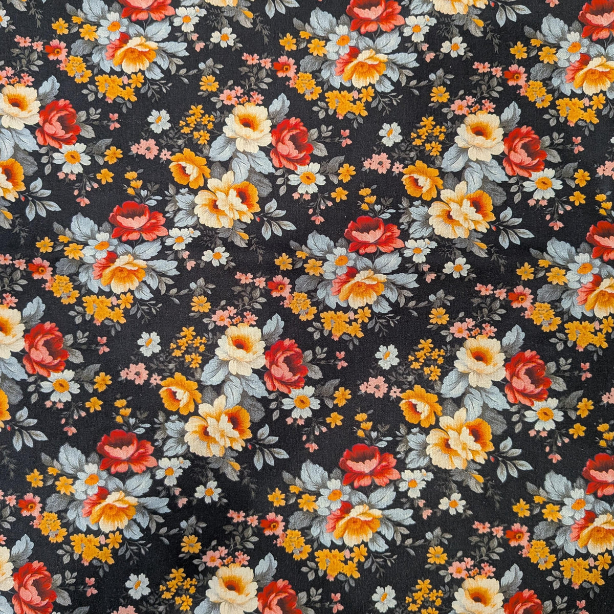Marshall Dry Goods ~ VINTAGE FLORAL 102 ~ Orange, Red, Blue and Yellow Flowers on Black Background ~ Sold by the 1/2 Yard