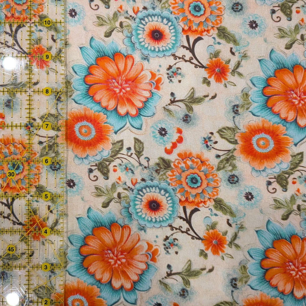 Marshall Dry Goods ~ VINTAGE FLORAL 4 ~ Orange and Blue Flowers on Cream Background ~ Sold by the 1/2 Yard