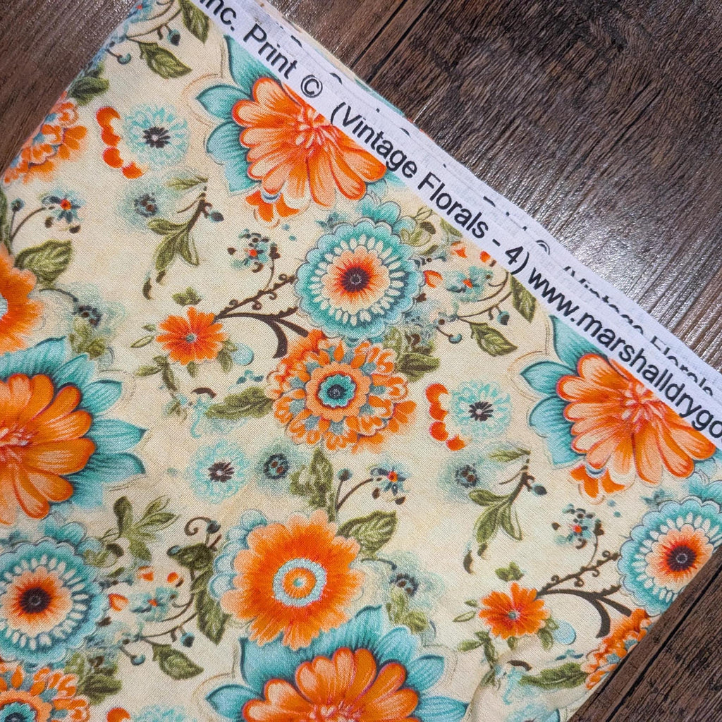 Marshall Dry Goods ~ VINTAGE FLORAL 4 ~ Orange and Blue Flowers on Cream Background ~ Sold by the 1/2 Yard