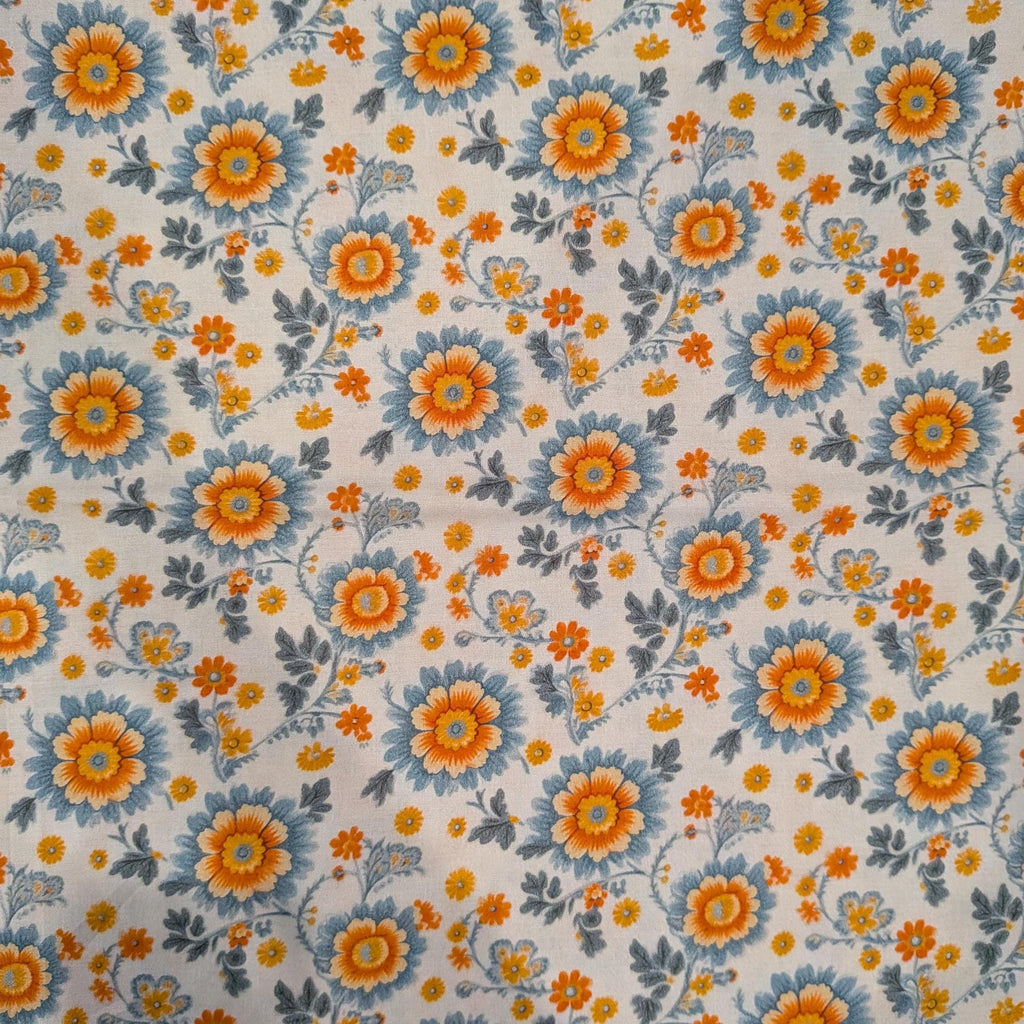 Marshall Dry Goods ~ VINTAGE FLORAL 6 ~ Orange and Blue Flowers on Cream Background ~ Sold by the 1/2 Yard