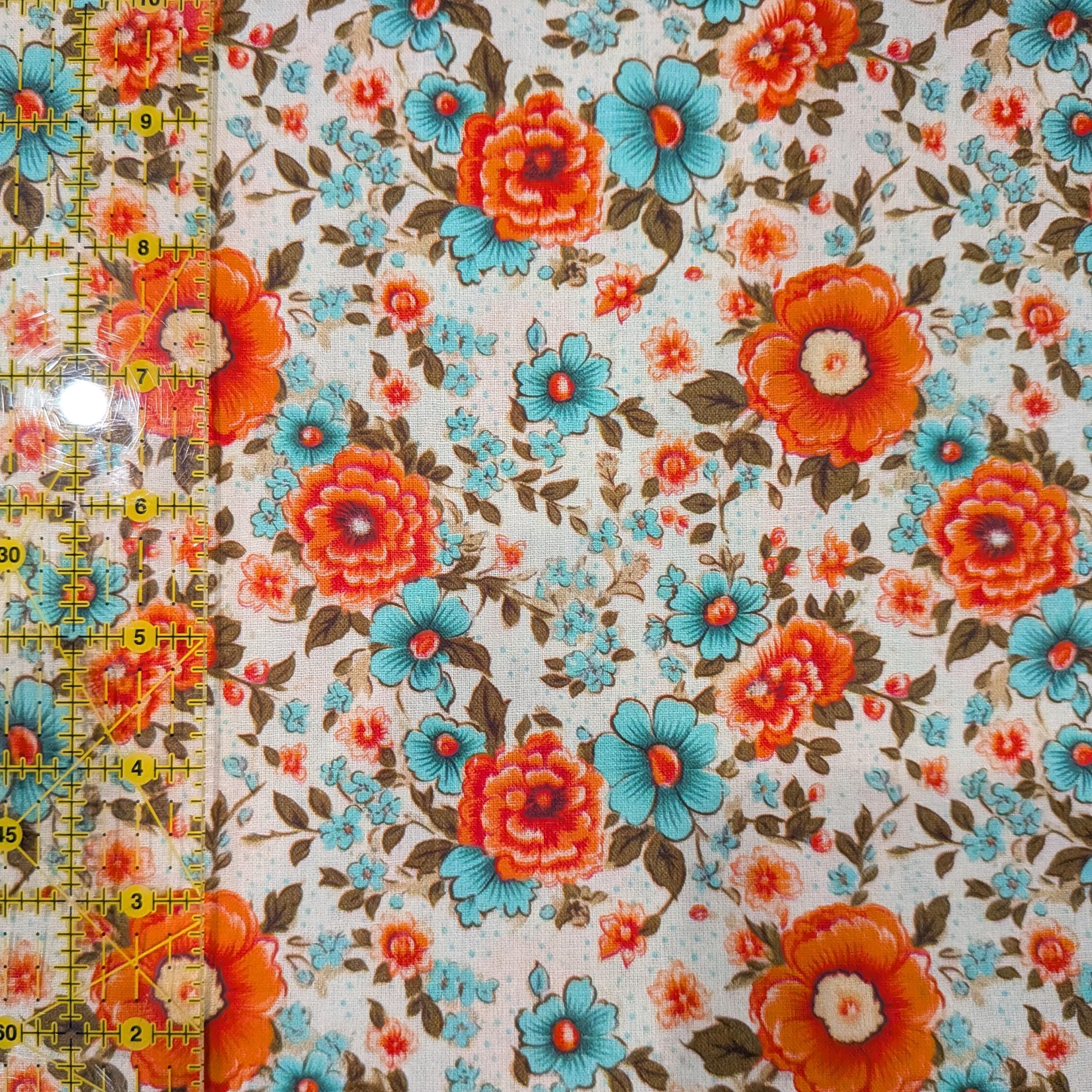 Marshall Dry Goods ~ VINTAGE FLORAL 15 ~ Orange and Aqua Flowers on Cream Background ~ Sold by the 1/2 Yard
