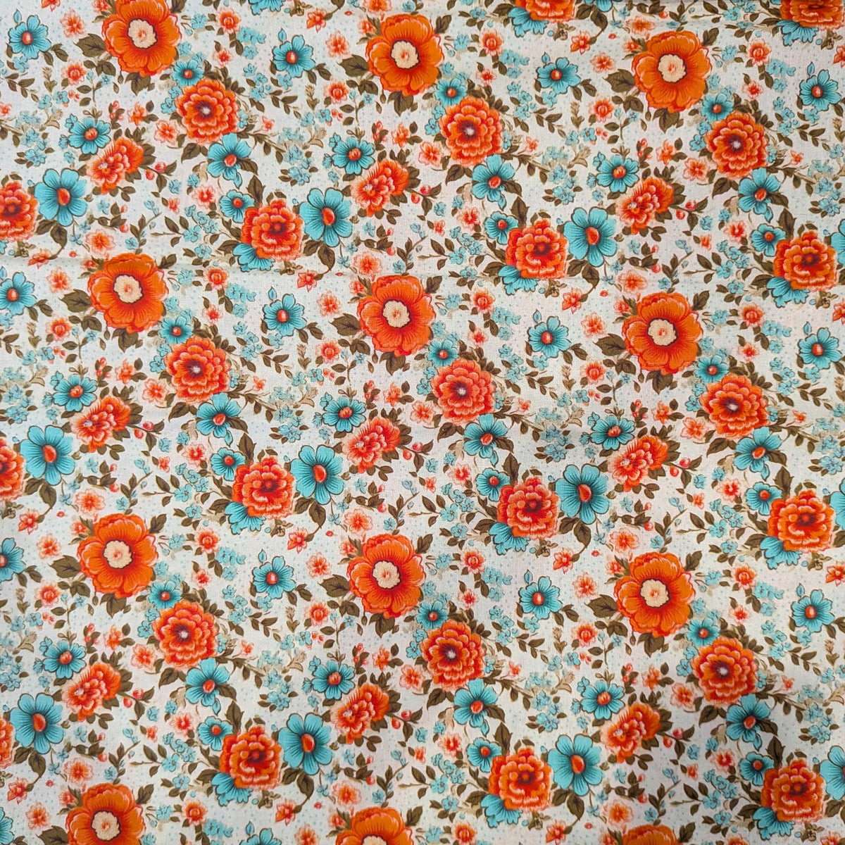 Marshall Dry Goods ~ VINTAGE FLORAL 15 ~ Orange and Aqua Flowers on Cream Background ~ Sold by the 1/2 Yard