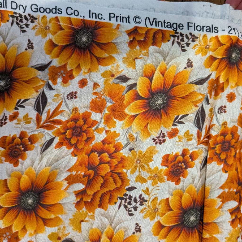 Marshall Dry Goods ~ VINTAGE FLORAL 21 ~ Orange, Black and White Flowers on Cream Background ~ Sold by the 1/2 Yard
