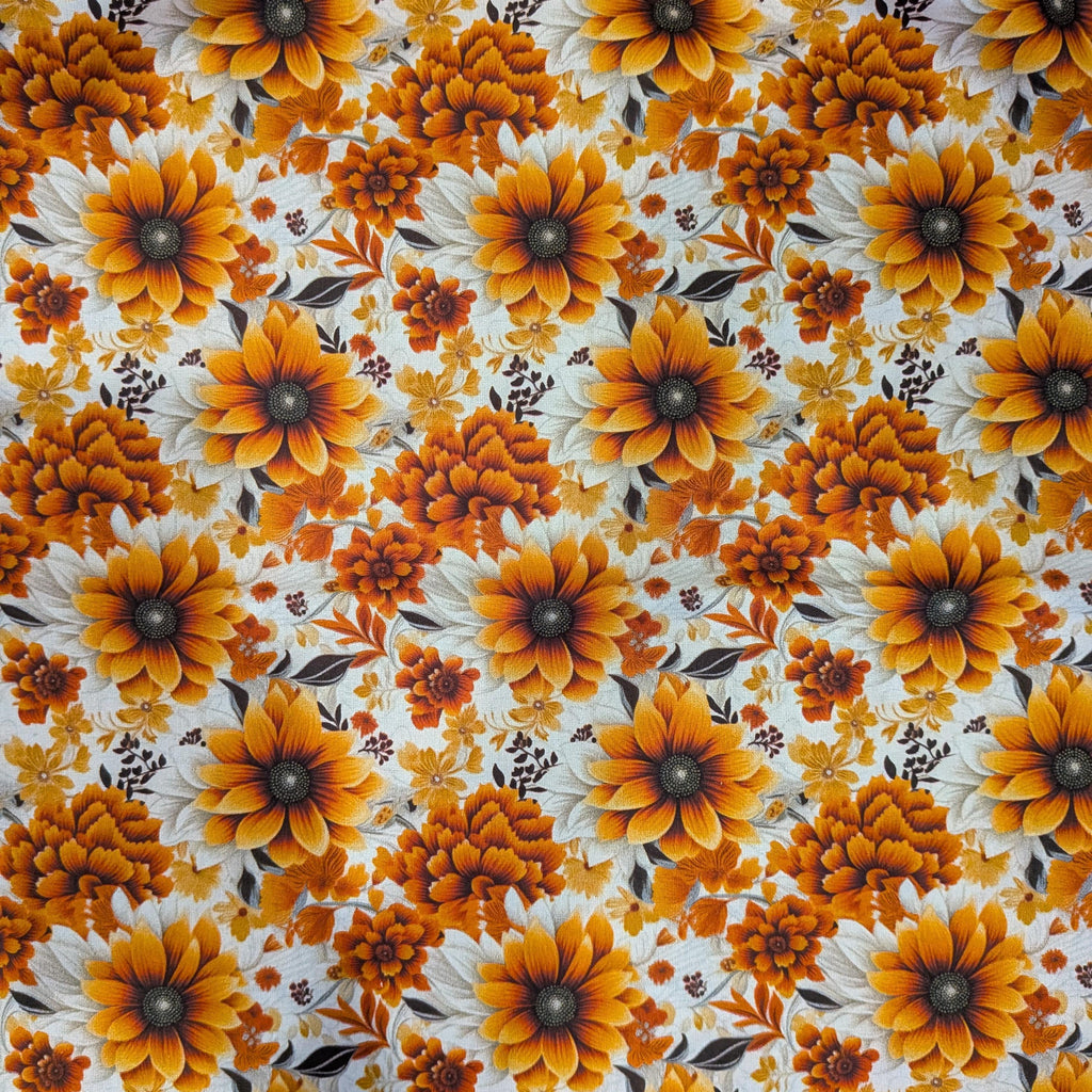 Marshall Dry Goods ~ VINTAGE FLORAL 21 ~ Orange, Black and White Flowers on Cream Background ~ Sold by the 1/2 Yard