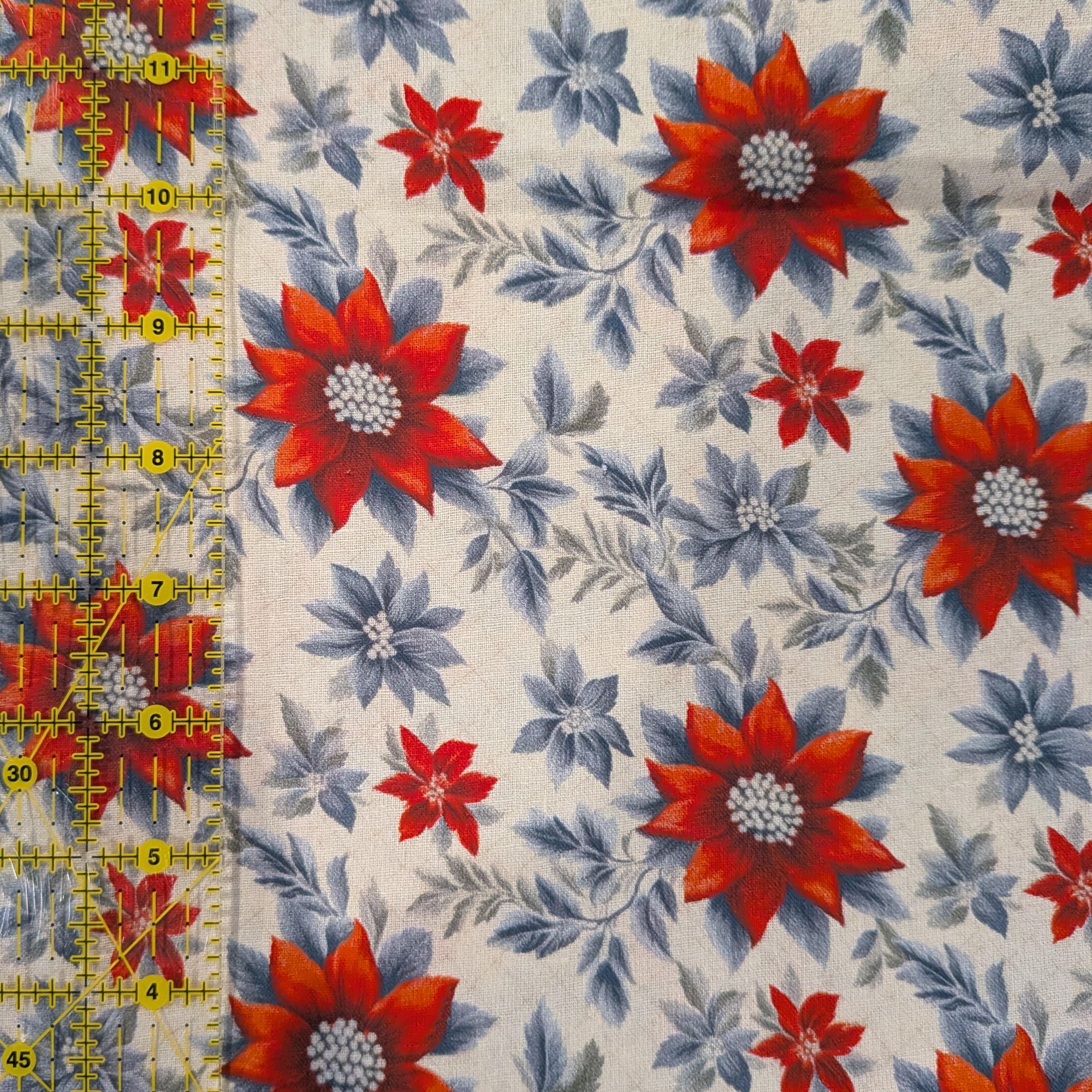 Marshall Dry Goods ~ VINTAGE FLORAL 23 ~ Red and Blue Flowers on Cream Background ~ Sold by the 1/2 Yard