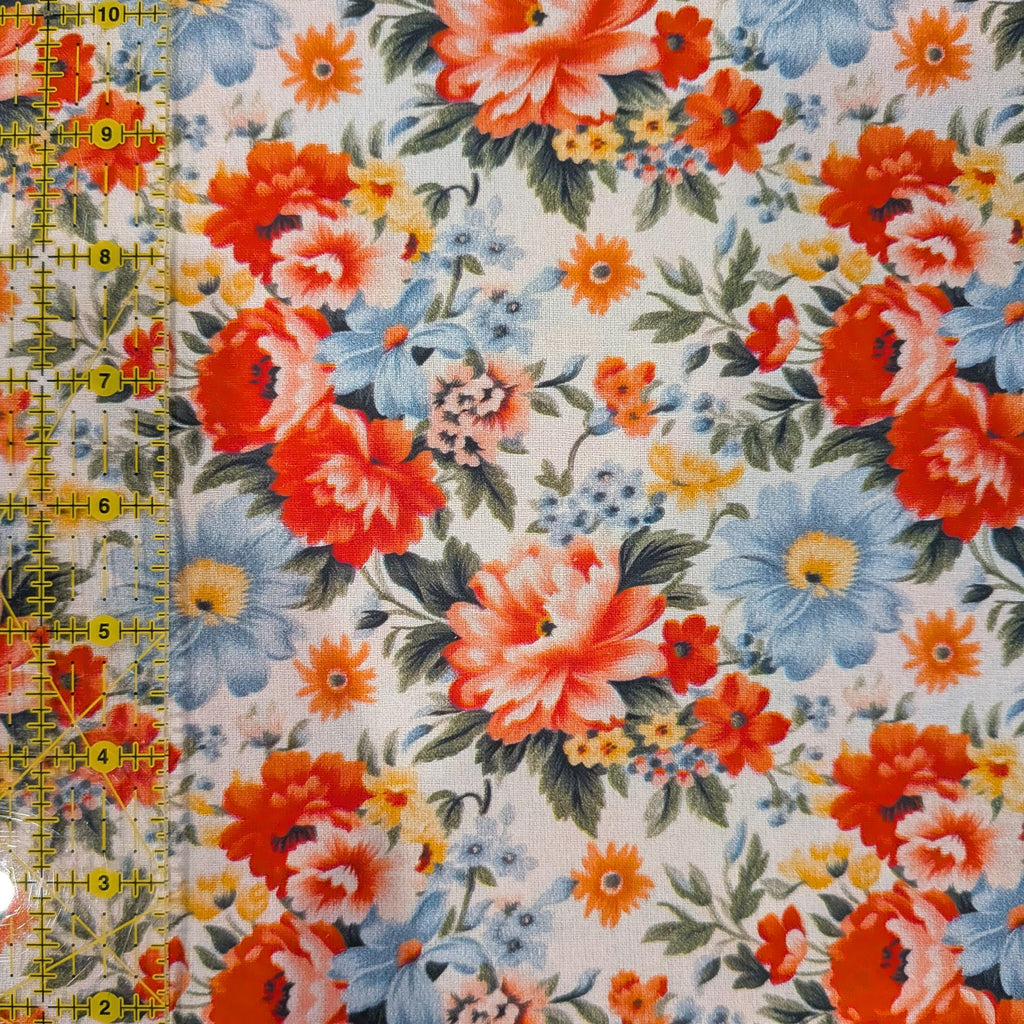 Marshall Dry Goods ~ VINTAGE FLORAL 33 ~ Reddish Pink, Blue, Orange and Yellow Flowers on Cream Background ~ Sold by the 1/2 Yard