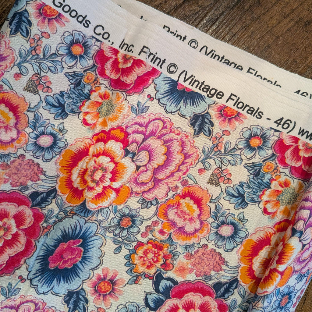 Marshall Dry Goods ~ VINTAGE FLORAL 46 ~ Pink, Blue, and Orange Flowers on Cream Background ~ Sold by the 1/2 Yard