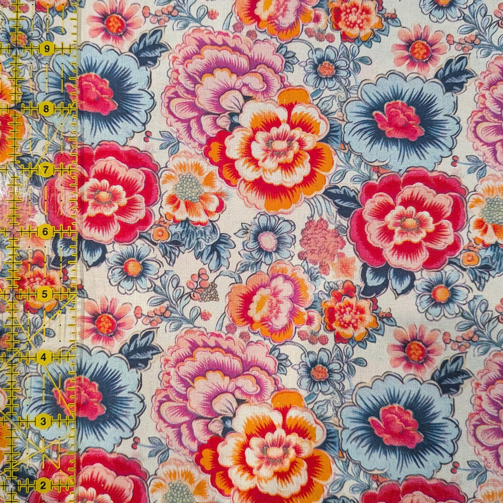 Marshall Dry Goods ~ VINTAGE FLORAL 46 ~ Pink, Blue, and Orange Flowers on Cream Background ~ Sold by the 1/2 Yard
