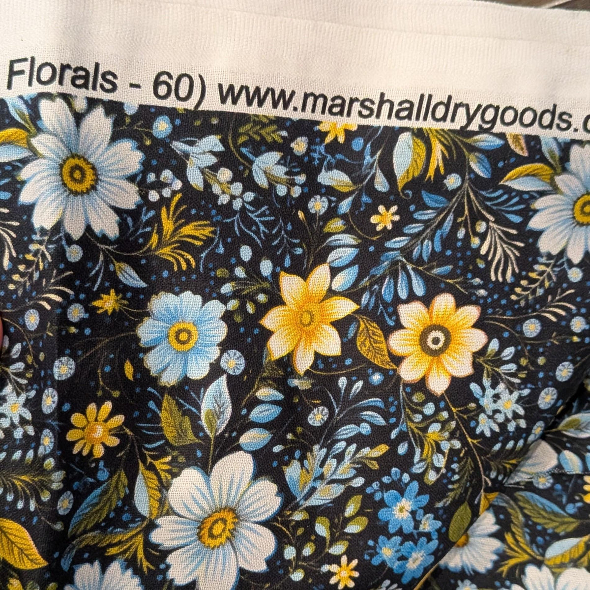 Marshall Dry Goods ~ VINTAGE FLORAL 60 ~ Yellow and Blue Flowers on Navy Background ~ Sold by the 1/2 Yard