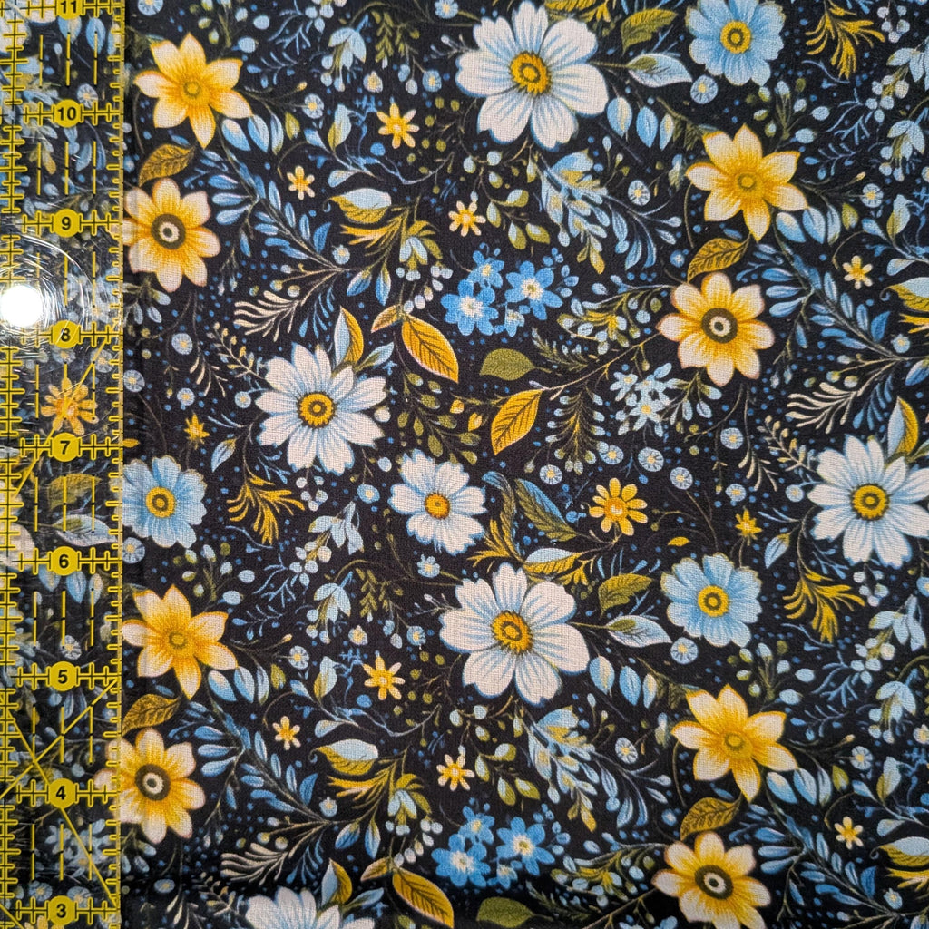 Marshall Dry Goods ~ VINTAGE FLORAL 60 ~ Yellow and Blue Flowers on Navy Background ~ Sold by the 1/2 Yard