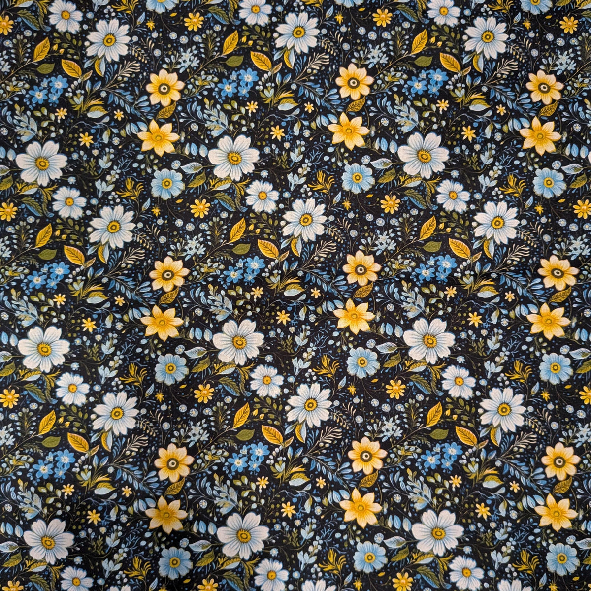 Marshall Dry Goods ~ VINTAGE FLORAL 60 ~ Yellow and Blue Flowers on Navy Background ~ Sold by the 1/2 Yard
