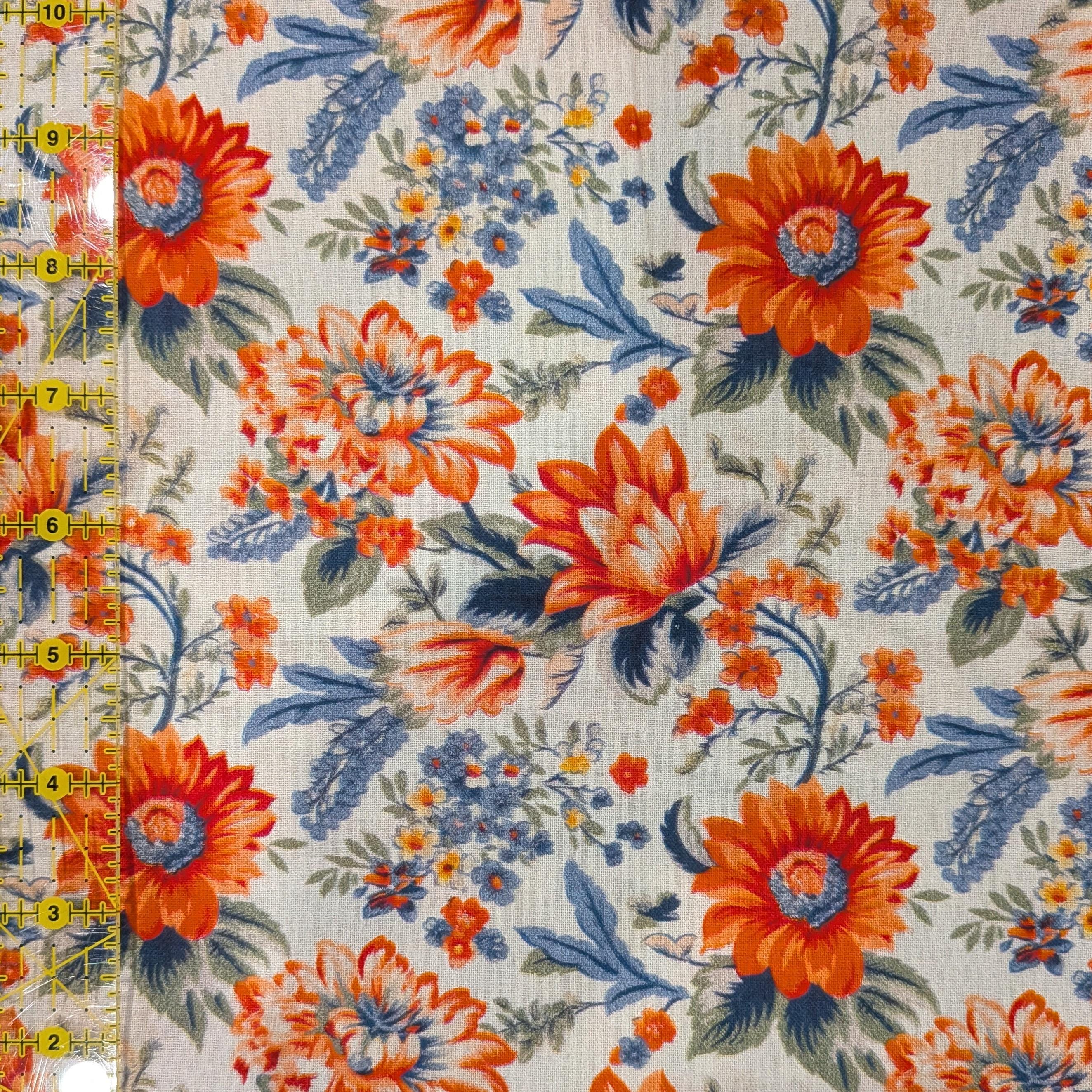 Marshall Dry Goods ~ VINTAGE FLORAL 70 ~ Orange and Blue Flowers on Cream Background ~ Sold by the 1/2 Yard