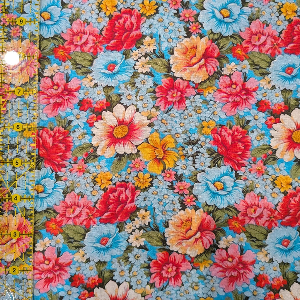Marshall Dry Goods ~ VINTAGE FLORAL 90 ~ Pink, Blue and Yellow Flowers on Blue Background ~ Sold by the 1/2 Yard