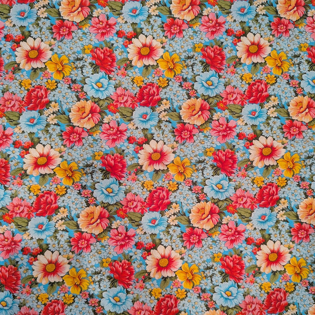 Marshall Dry Goods ~ VINTAGE FLORAL 90 ~ Pink, Blue and Yellow Flowers on Blue Background ~ Sold by the 1/2 Yard