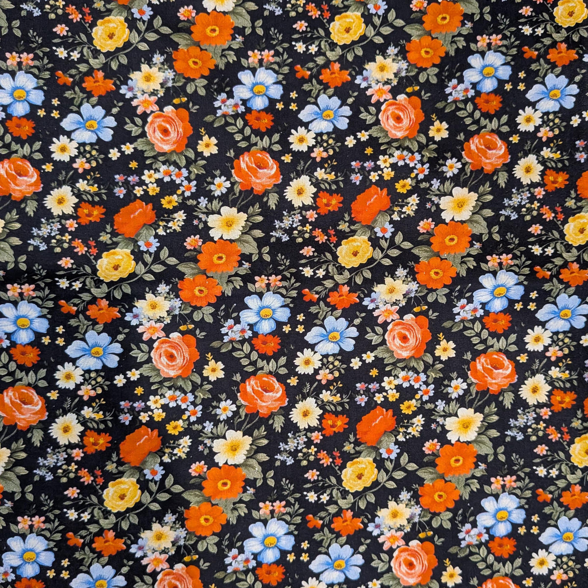 Marshall Dry Goods ~ VINTAGE FLORAL 91 ~ Orange, Blue and Yellow Flowers on Black Background ~ Sold by the 1/2 Yard