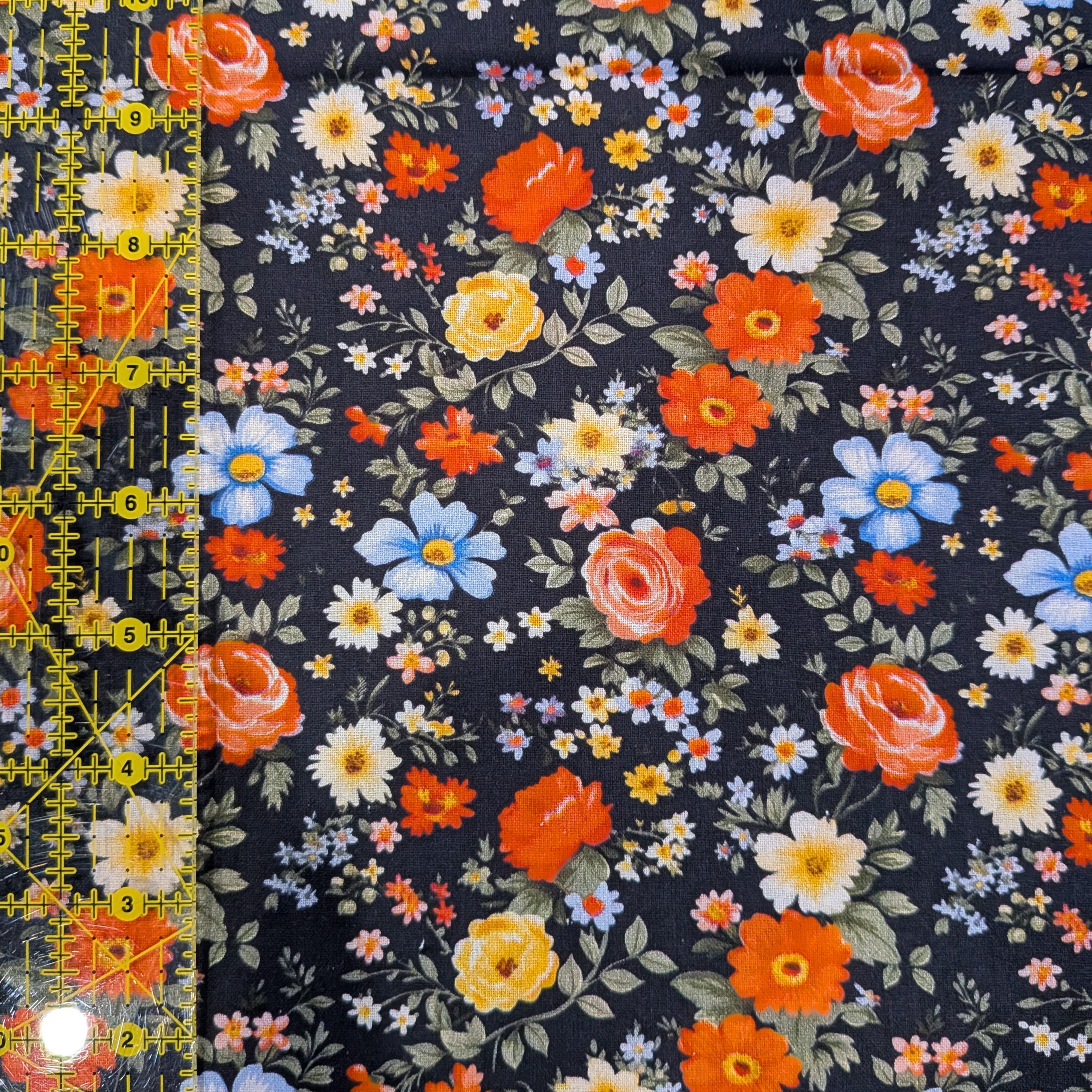 Marshall Dry Goods ~ VINTAGE FLORAL 91 ~ Orange, Blue and Yellow Flowers on Black Background ~ Sold by the 1/2 Yard