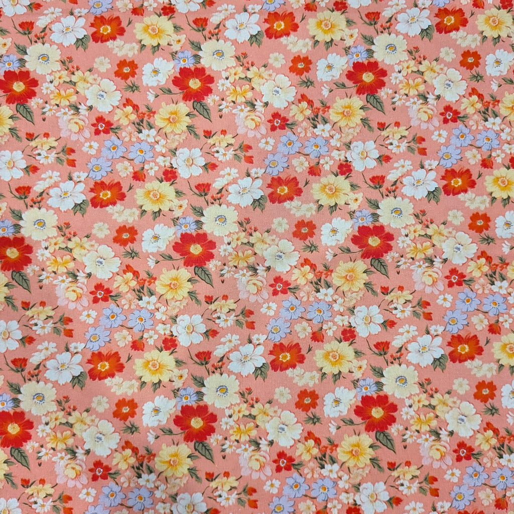 Marshall Dry Goods ~ VINTAGE FLORAL 97 ~ Reddish Orange, Blue and Yellow Flowers on Pink Background ~ Sold by the 1/2 Yard