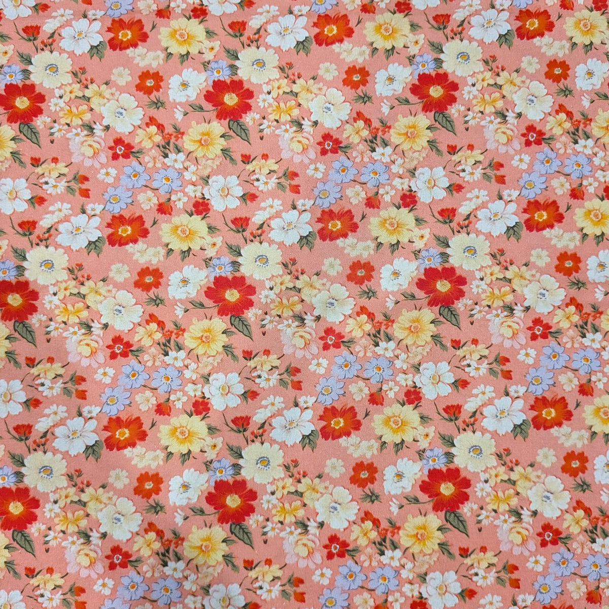 Marshall Dry Goods ~ VINTAGE FLORAL 97 ~ Reddish Orange, Blue and Yellow Flowers on Pink Background ~ Sold by the 1/2 Yard