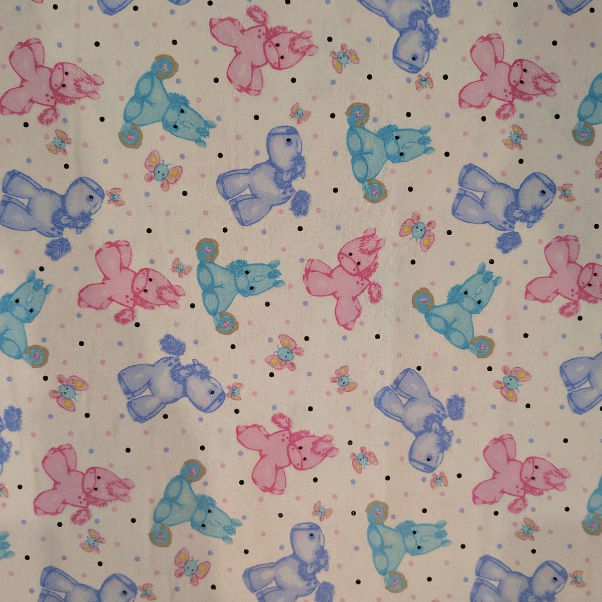 A.E. Nathan ~ PONY and BUTTERFLY ~ FLANNEL ~ White ~ Sold by the 1/2 Yard