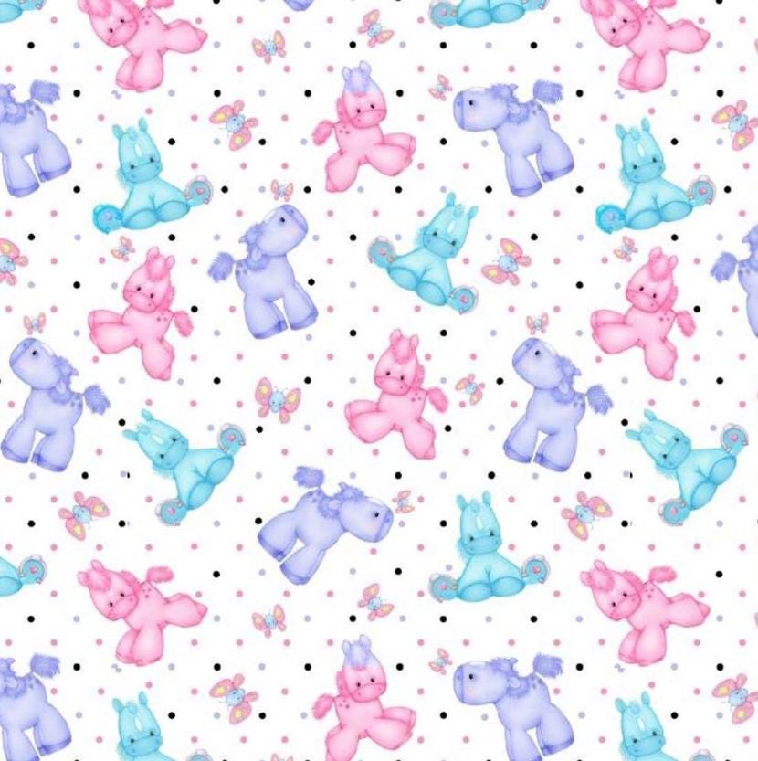 A.E. Nathan ~ PONY and BUTTERFLY ~ FLANNEL ~ White ~ Sold by the 1/2 Yard
