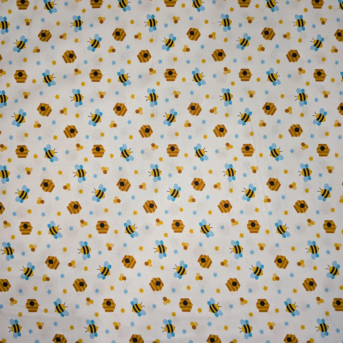 David Textiles ~ BEEHIVE PARTY (Potpourri of Novelty) ~ White ~ Sold by the 1/2 Yard