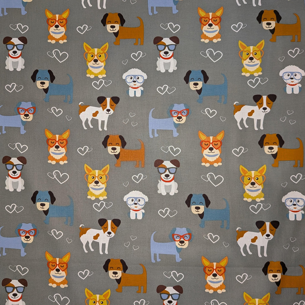 David Textiles ~ GOOD PUPPY LOVE (Potpourri of Novelty) ~ Gray ~ Sold by the 1/2 Yard