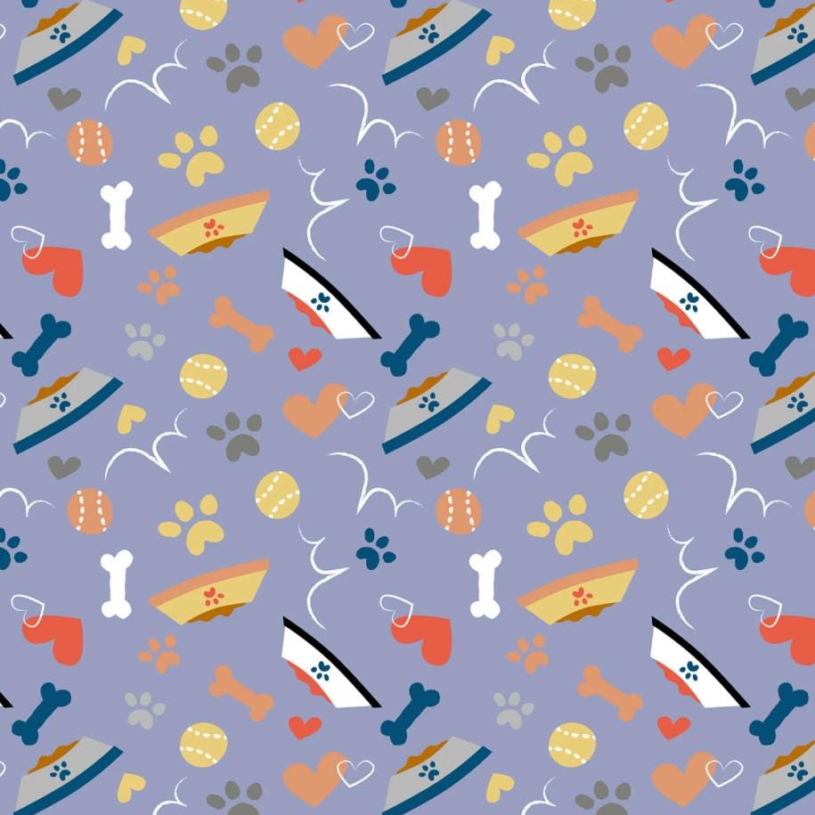 David Textiles ~ GOOD PUPPY PLAY (Potpourri of Novelty) ~ Lavender ~ Sold by the 1/2 Yard