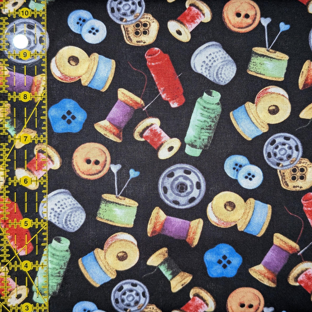 David Textiles ~ SEWING MATERIALS (Potpourri of Novelty) ~ Black ~ Sold by the 1/2 Yard