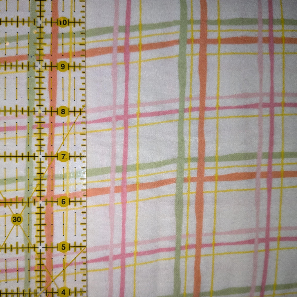 3 Wishes Fabric ~ PLAID WHITE ~ FLANNEL ~ Peach, Green, Pink, and Yellow ~ Sold by the 1/2 Yard