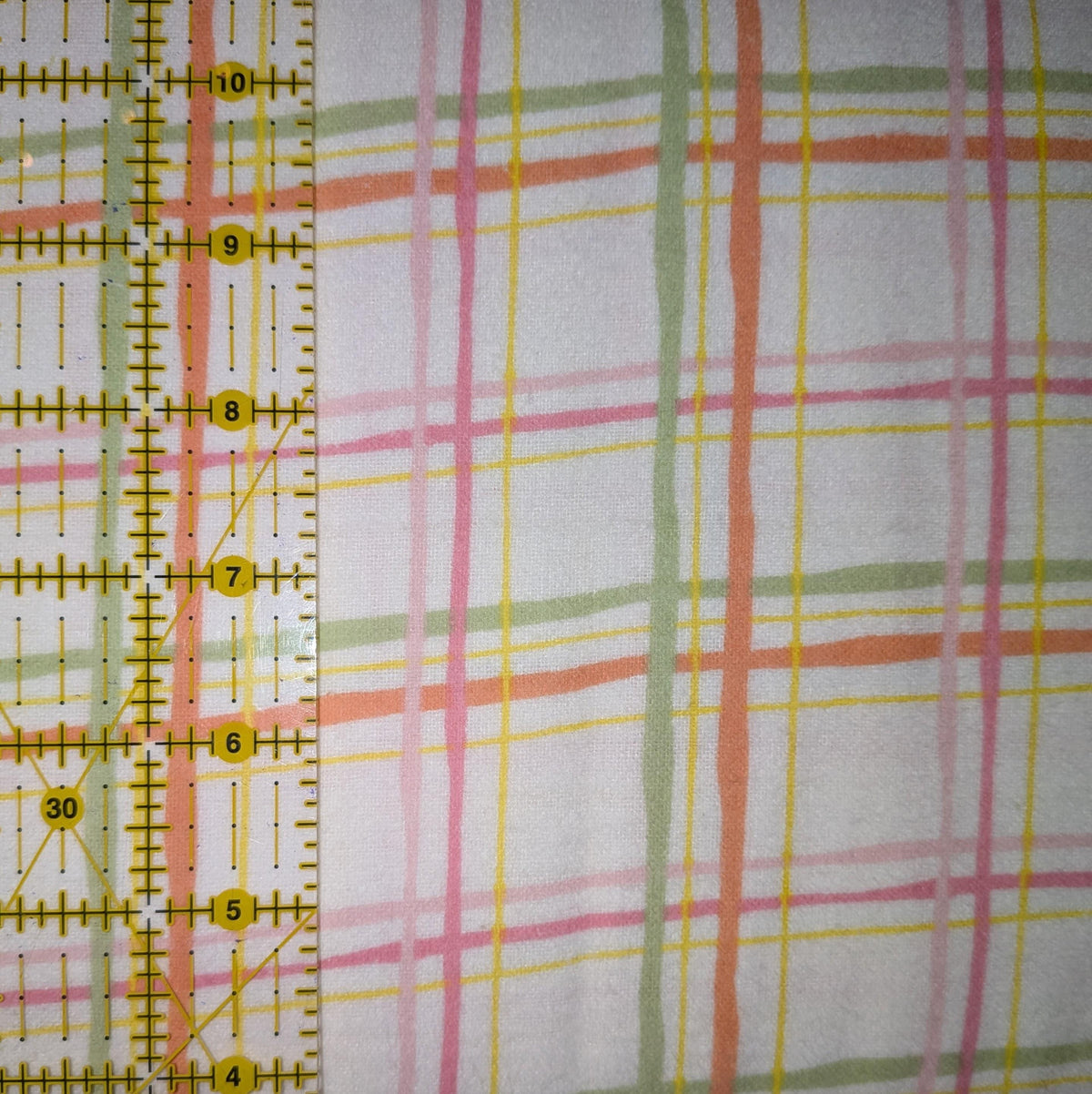 3 Wishes Fabric ~ PLAID WHITE ~ FLANNEL ~ Peach, Green, Pink, and Yellow ~ Sold by the 1/2 Yard
