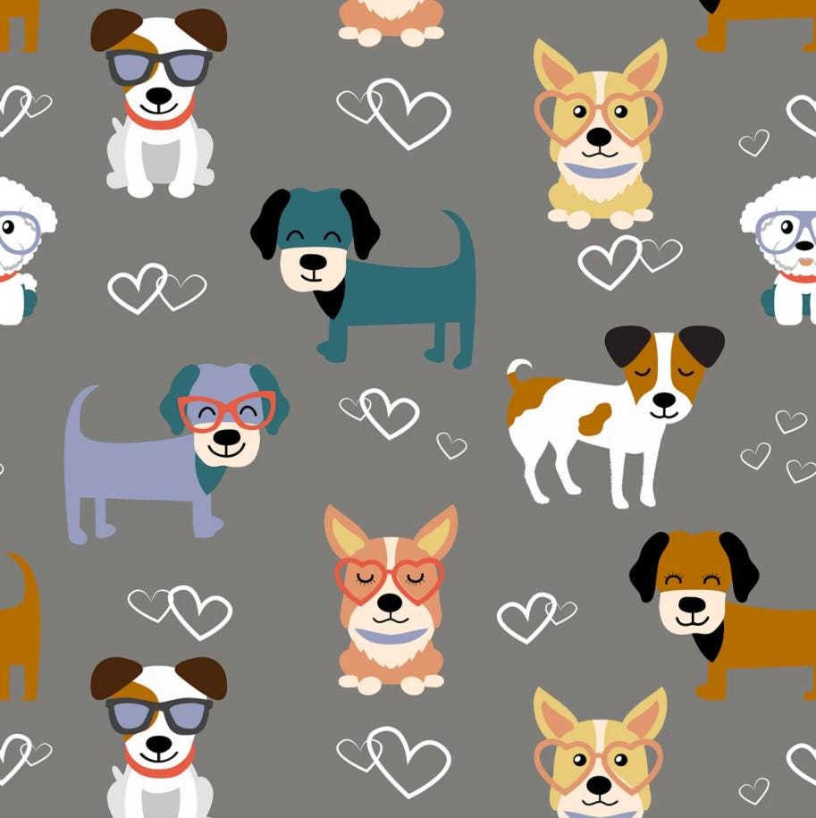 David Textiles ~ GOOD PUPPY LOVE (Potpourri of Novelty) ~ Gray ~ Sold by the 1/2 Yard