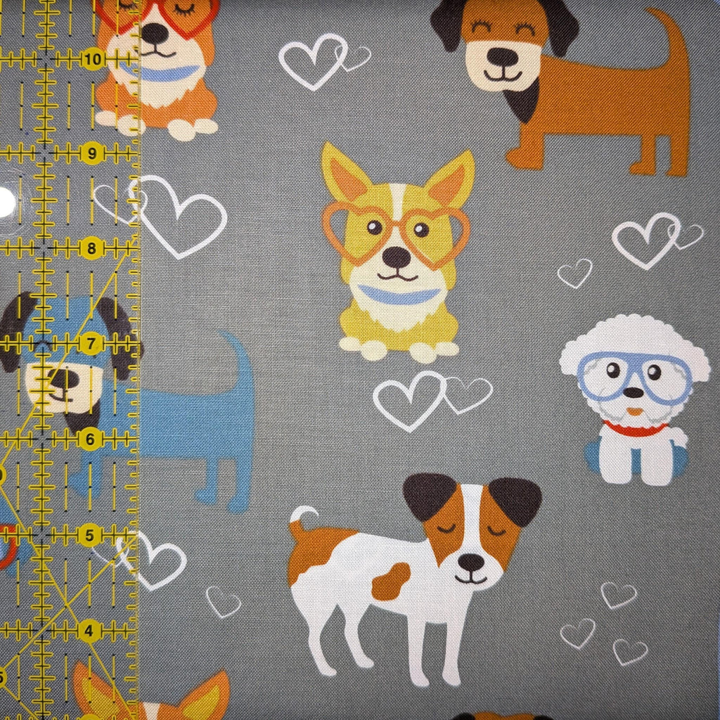 David Textiles ~ GOOD PUPPY LOVE (Potpourri of Novelty) ~ Gray ~ Sold by the 1/2 Yard