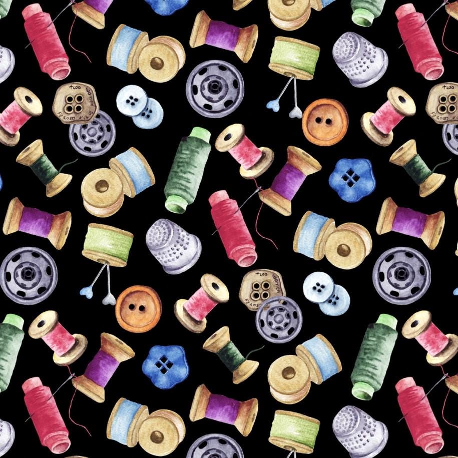 David Textiles ~ SEWING MATERIALS (Potpourri of Novelty) ~ Black ~ Sold by the 1/2 Yard