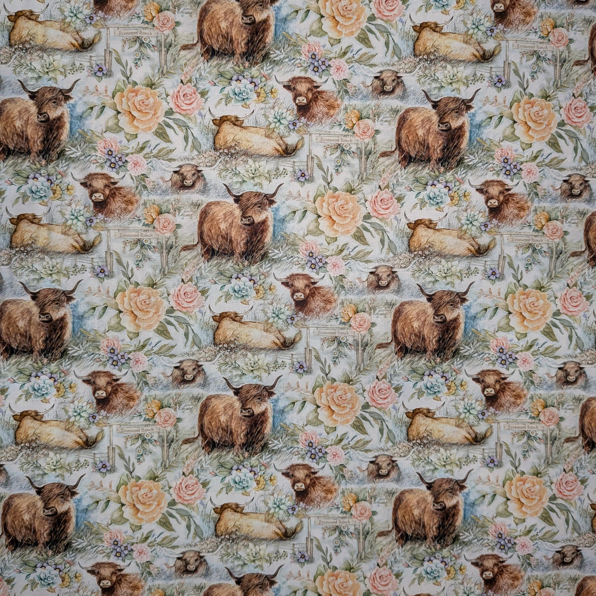 Springs Creative ~ Highland Ranch ~ COW RANCH ~ (Licensed Print) ~ Blue ~ Sold by the 1/2 Yard