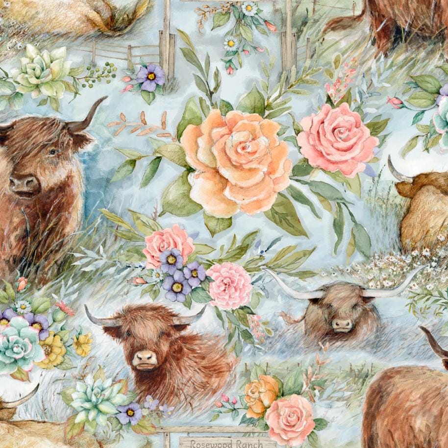 Springs Creative ~ Highland Ranch ~ COW RANCH ~ (Licensed Print) ~ Blue ~ Sold by the 1/2 Yard