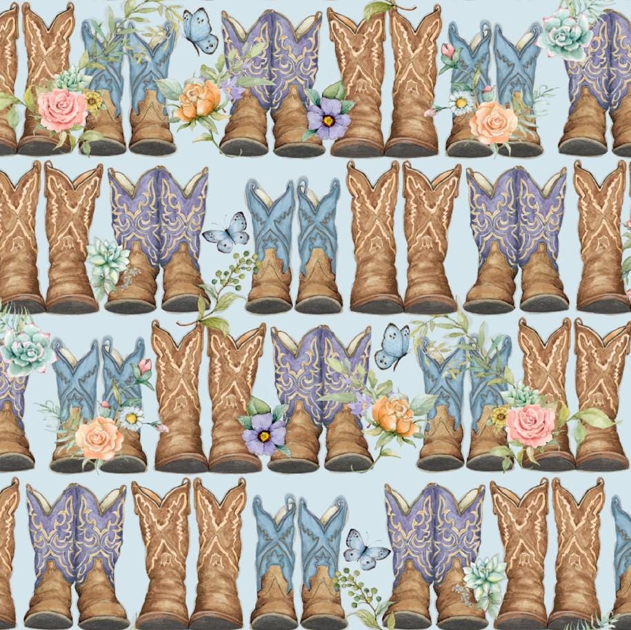 Springs Creative ~ Highland Ranch ~ DUSTY BOOTS ~ (Licensed Print) ~ Blue ~ Sold by the 1/2 Yard