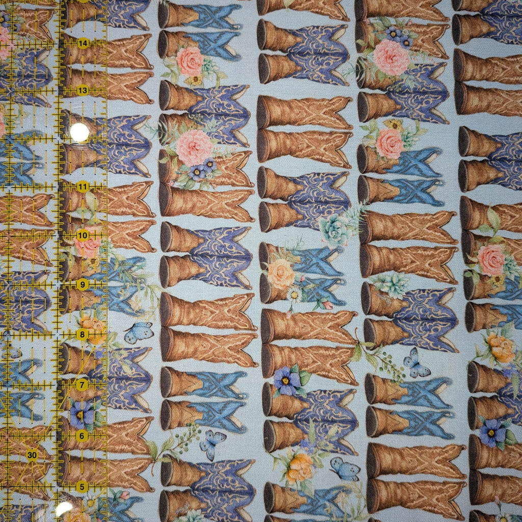 Springs Creative ~ Highland Ranch ~ DUSTY BOOTS ~ (Licensed Print) ~ Blue ~ Sold by the 1/2 Yard