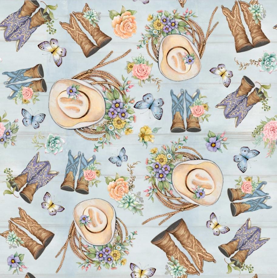 Springs Creative ~ Highland Ranch ~ TOSSED BOOTS ~ (Licensed Print) ~ Blue ~ Sold by the 1/2 Yard