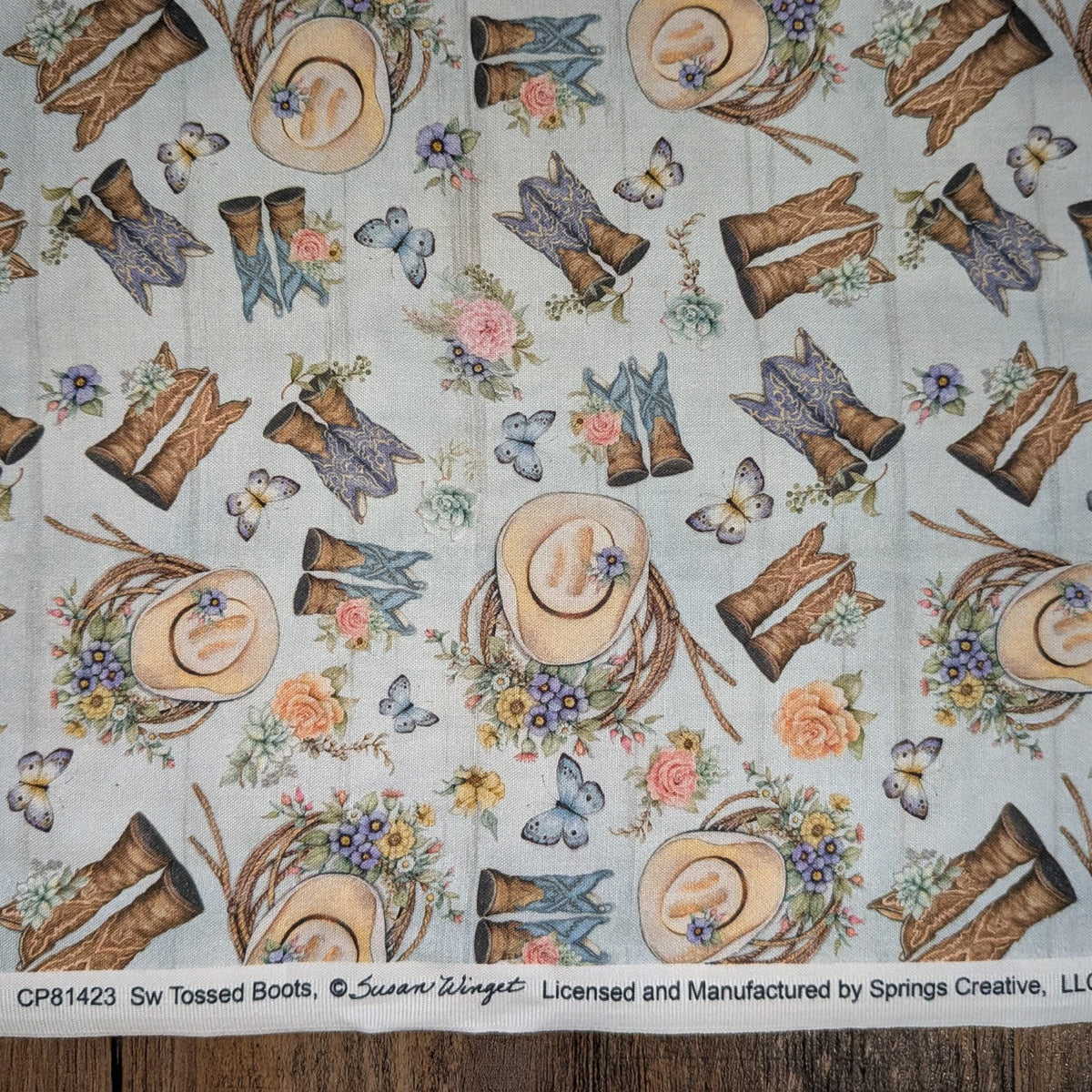 Springs Creative ~ Highland Ranch ~ TOSSED BOOTS ~ (Licensed Print) ~ Blue ~ Sold by the 1/2 Yard