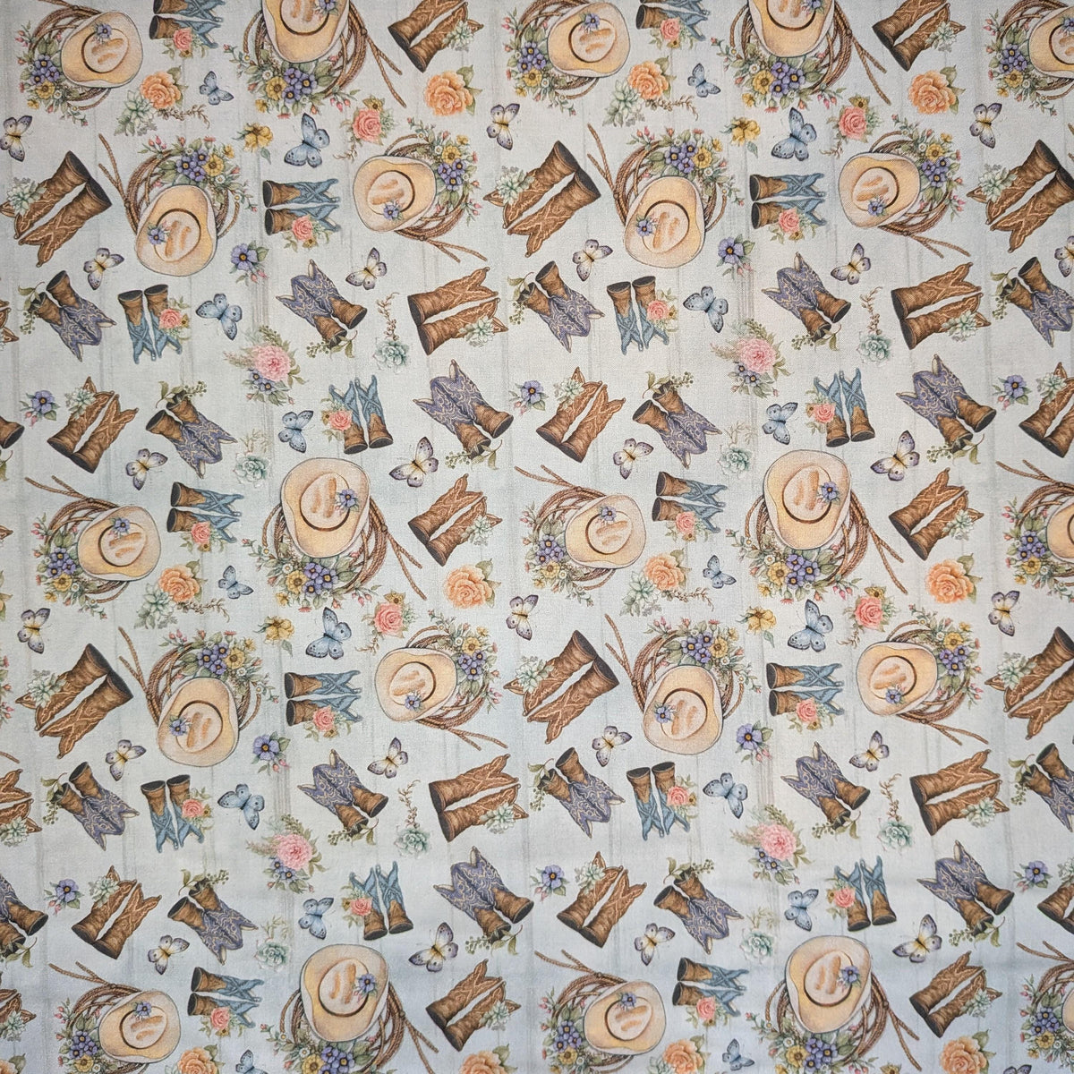 Springs Creative ~ Highland Ranch ~ TOSSED BOOTS ~ (Licensed Print) ~ Blue ~ Sold by the 1/2 Yard