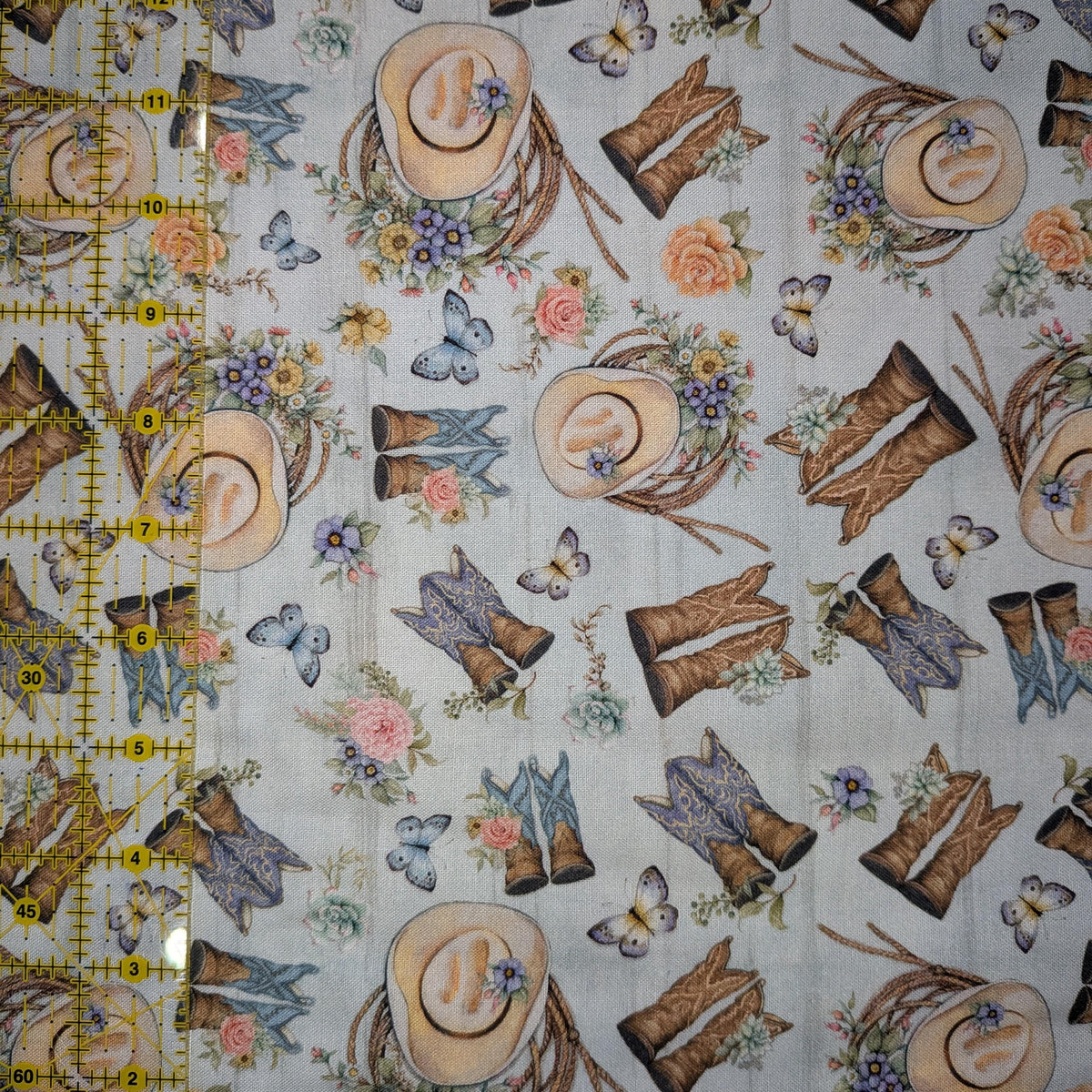 Springs Creative ~ Highland Ranch ~ TOSSED BOOTS ~ (Licensed Print) ~ Blue ~ Sold by the 1/2 Yard
