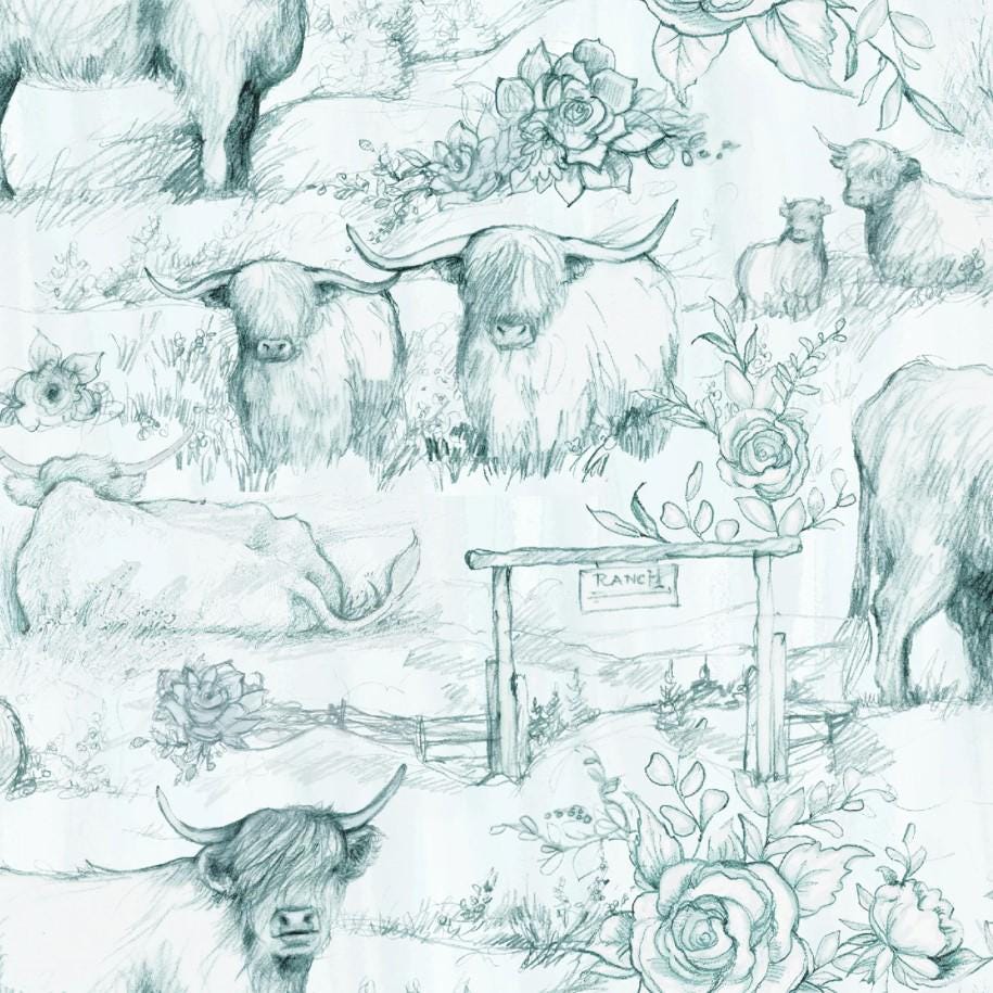 Springs Creative ~ Highland Ranch ~ TOILE ~ (Licensed Print) ~ Blue ~ Sold by the 1/2 Yard