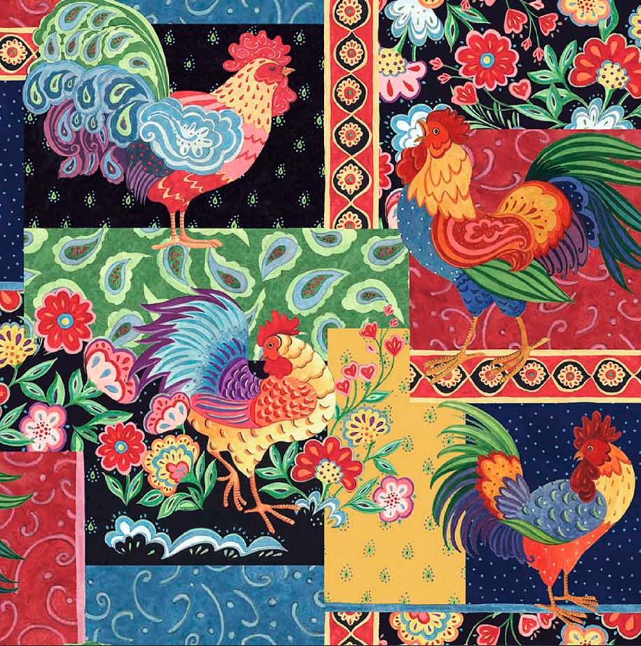 Springs Creative ~ Calico Red ~ ROOSTER PATCH ~ (Licensed Print) ~ Multi ~ Sold by the 1/2 Yard