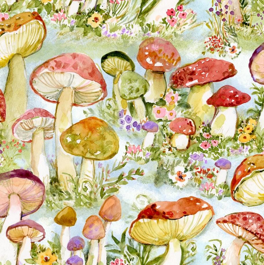 Springs Creative ~ Mushrooms ~ MUSHROOMS PACKED ~ (Licensed Print) ~ Blue ~ Sold by the 1/2 Yard
